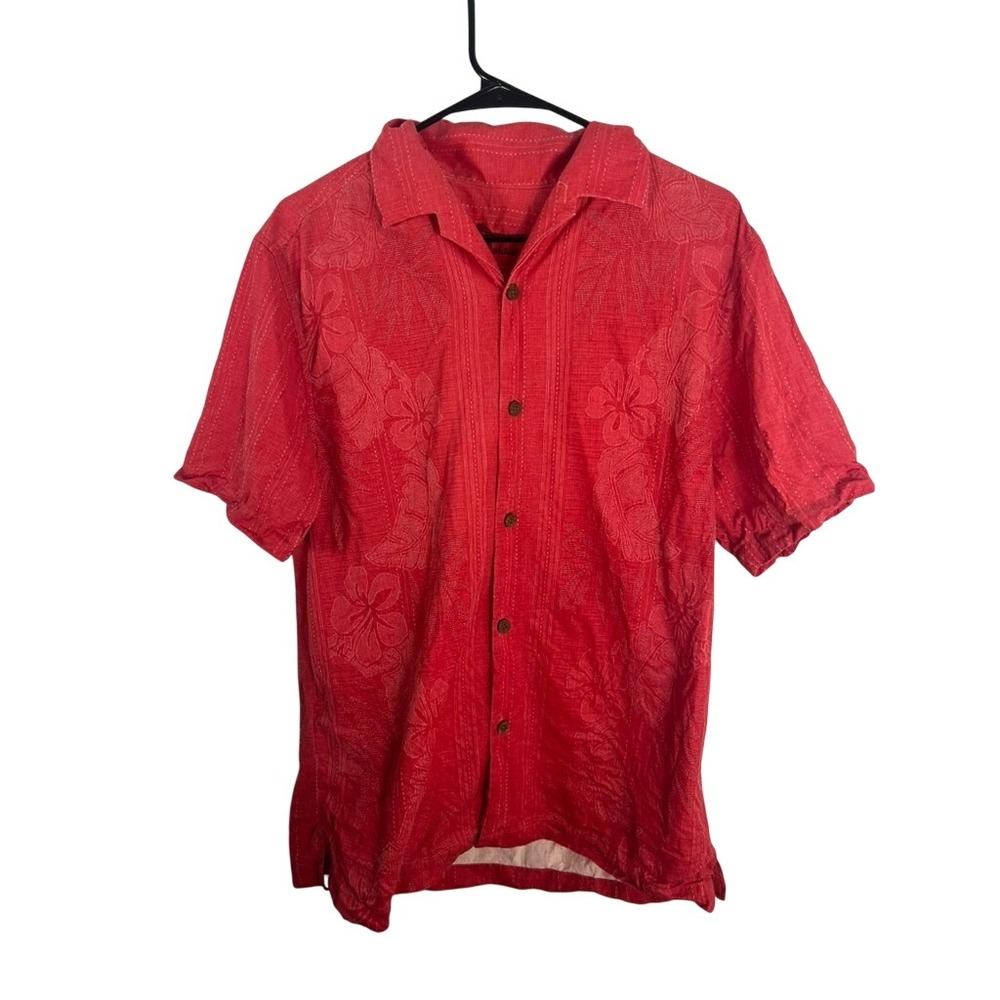 Tommy Bahama Men Med 100% Silk Red Floral Jacquard Camp Cruise Beach Top Shirt